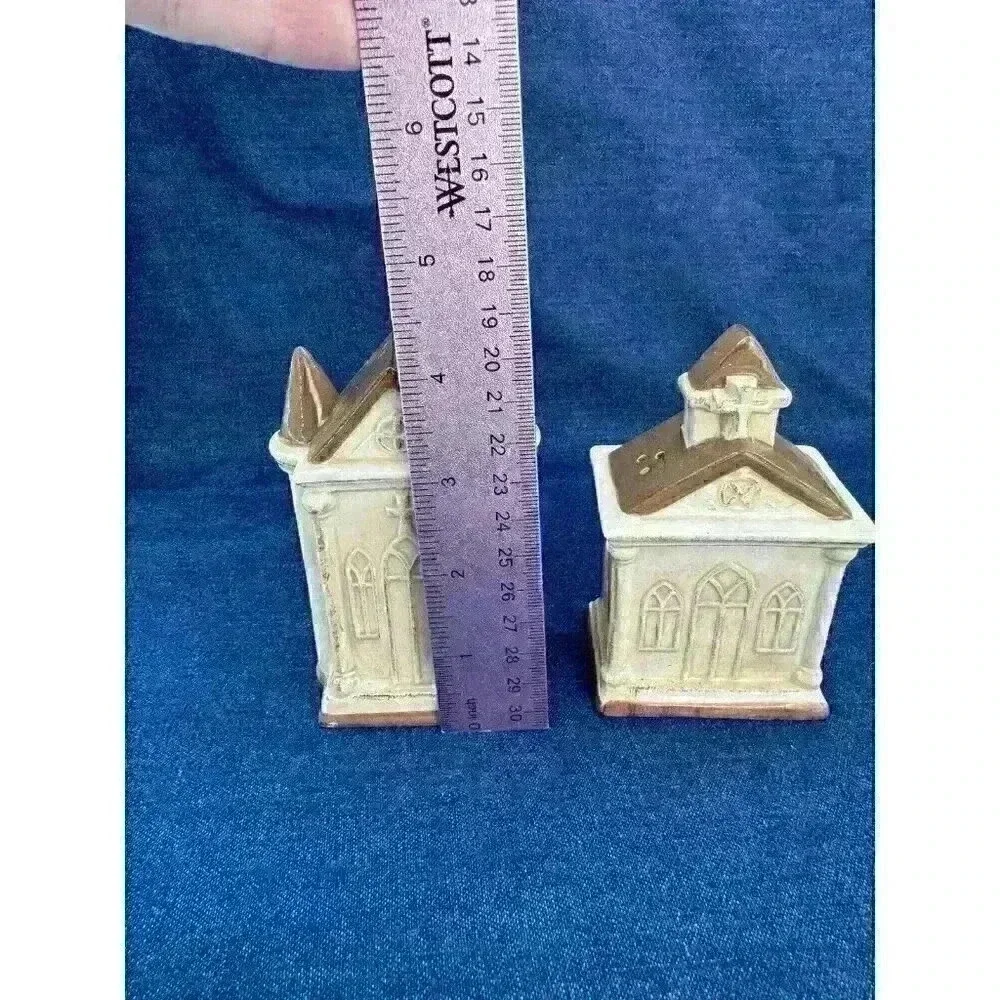 Vintage‎ Church Temple Religion Ceramic Salt & Pepper Shakers With Stand